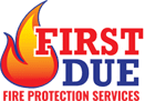 A fire department logo with flames and the words " first due "